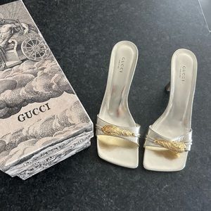 Gucci champagne gold mule heels! Size 38.5. Slightly worn. Crystal embellished!